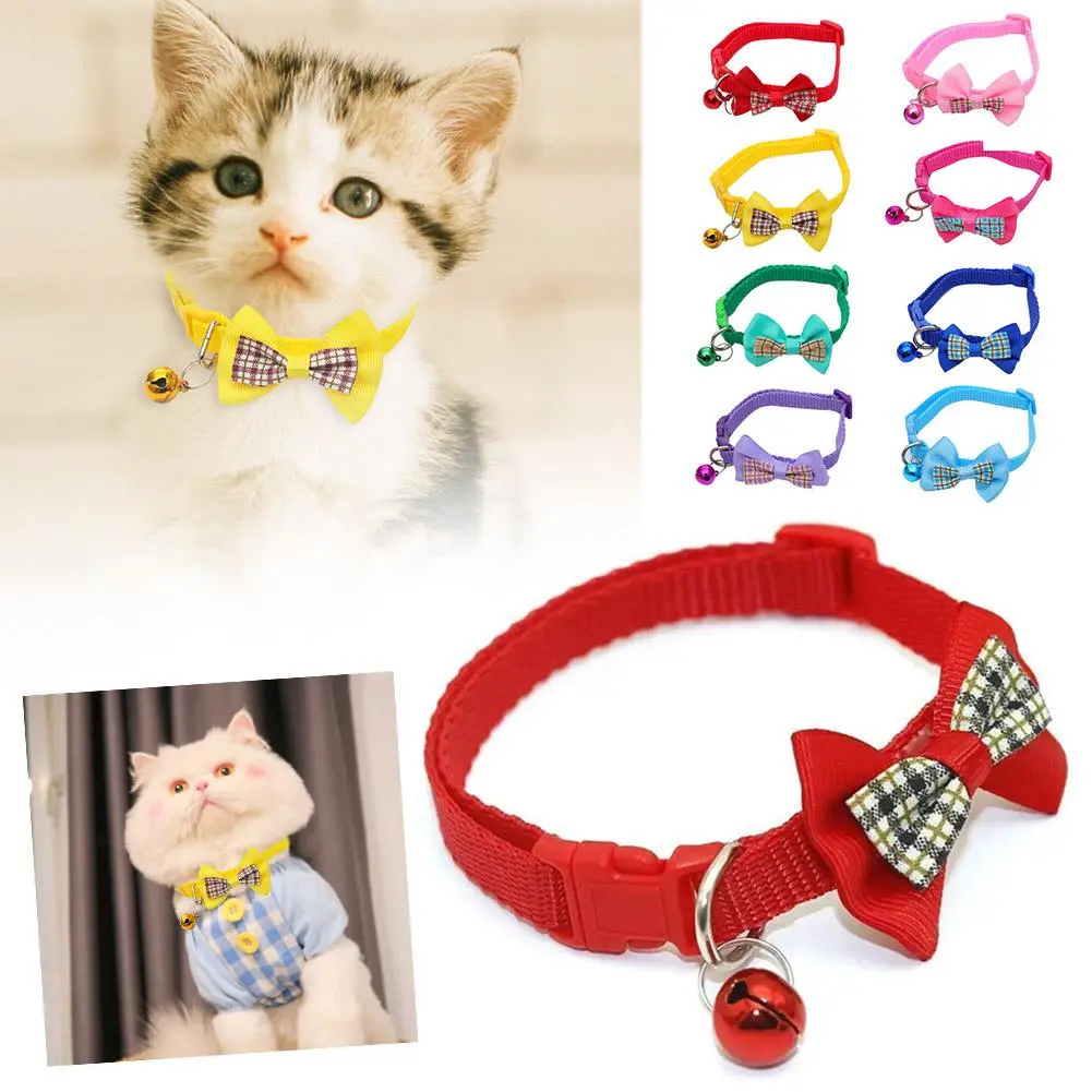 Cute Plaid Bow Pet Neck S With Bell Adjustable Cat Collar Pet M3Q0