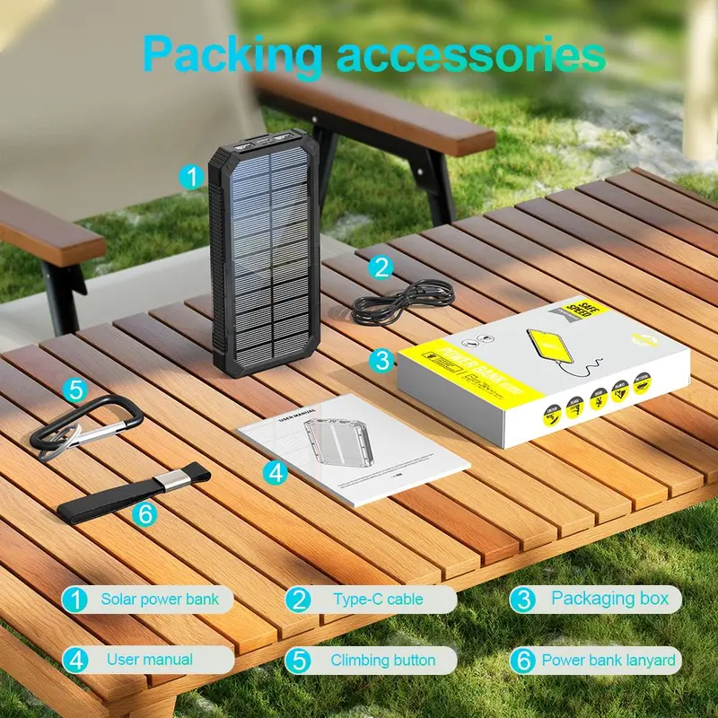 Solar Powered Power Bank, 20000mAh Portable Charger with Flashlight, Built-in Solar Panel and Bright Flashlight, Suitable for Outdoor Camping Party Sports, Valentine's Day Gift 5