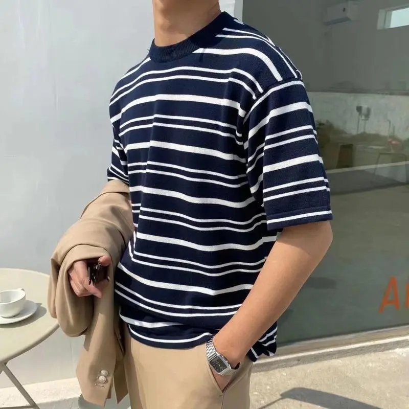 Summer striped T-shirts, wholesale, versatile, loose, personality, short sleeves, casual daily dresses, bottom of the bottom of the Bottoming sea, for men Clothing Menswear