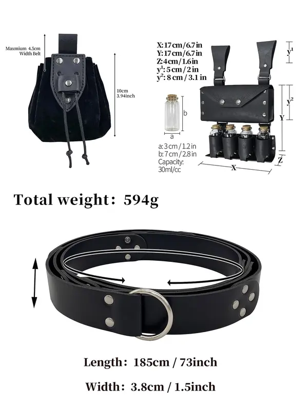 Vintage Medieval Dress Costume Rivet & Grommet Eyelet Decor Belt & Belt Bag & Pouch Set, Medieval Alchemy Belt Set for Party, Cosplay 5