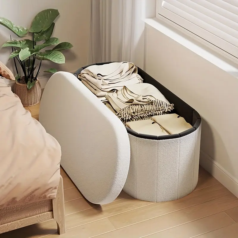 Large Oval Foldable Storage Stool Fleece-lined Extra Large Storage Space Shoe Changing Stool