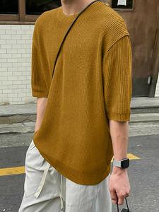 Men's Solid Knitted Textured Short Sleeve T-shirt, Casual Crew Neck Drop Shoulder Tee for Summer, Streetwear Comfy Men's Clothes for Daily Wear