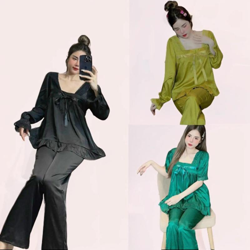Đồ Bộ Ngủ Tb Pijama Mặc Nhà Bigssize, Chất Lụa Xước, Cổ Vuông Phối Ren, Có Tay Quần Dài, Dành Cho Nữ Size Từ 65kg Đến 80Kg Thun Áo Đen Đỏ Women Top Quần Ngủ Áo Ngủ setdomac  nhaxinh đồ  ngủ đồ  ngủ tiểu thư