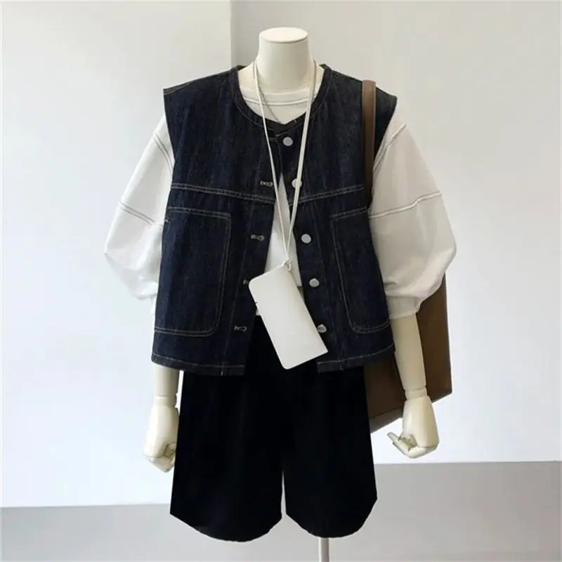 Áo Vest Denim Bó Sát Nhiều Lớp, Phong Cách Cổ Điển Dành Cho Nữ, Bộ Sưu Tập Xuân / Hè, Thời Trang Cao Cấp, Áo Khoác Không Tay, Hàng Mới Về, Năm 2025 áo  vest  nữ  sang  chảnh  6  nút