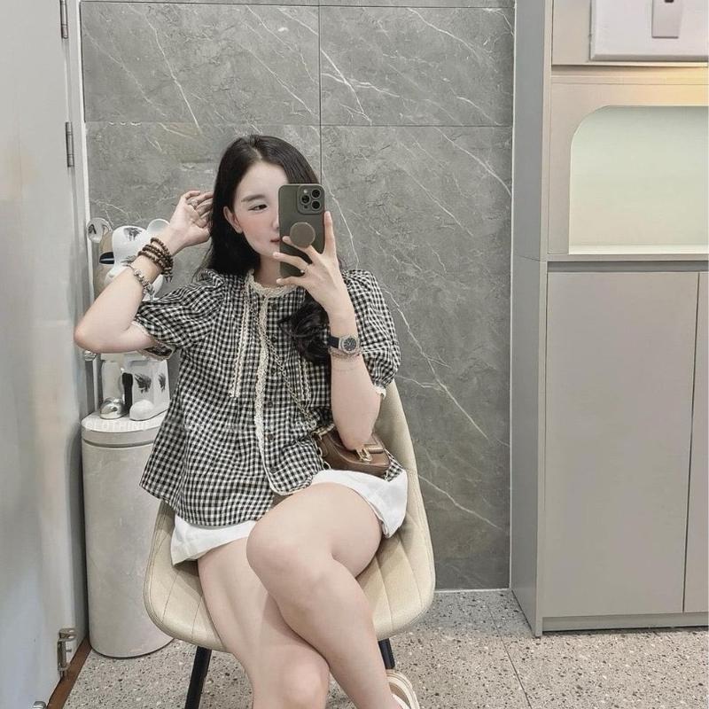  Áo sơ mi dáng babydoll cổ tròn phối ren tay bồng form rộng somikieu A9 
