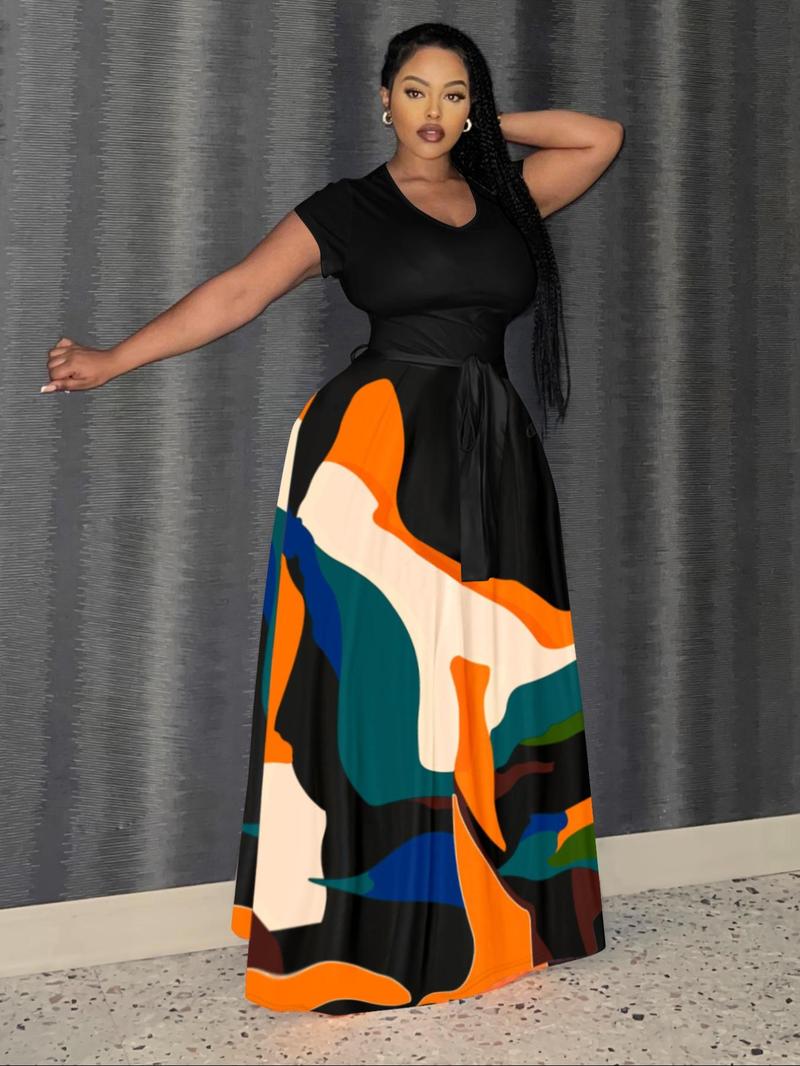 Product Introduction of Plus Size Colorblock Print Belted Pocket V Neck Dress, Casual Short Sleeve A Line Dress for Summer, Dresses for Women, Women's Plus Clothing for Daily Wear 19