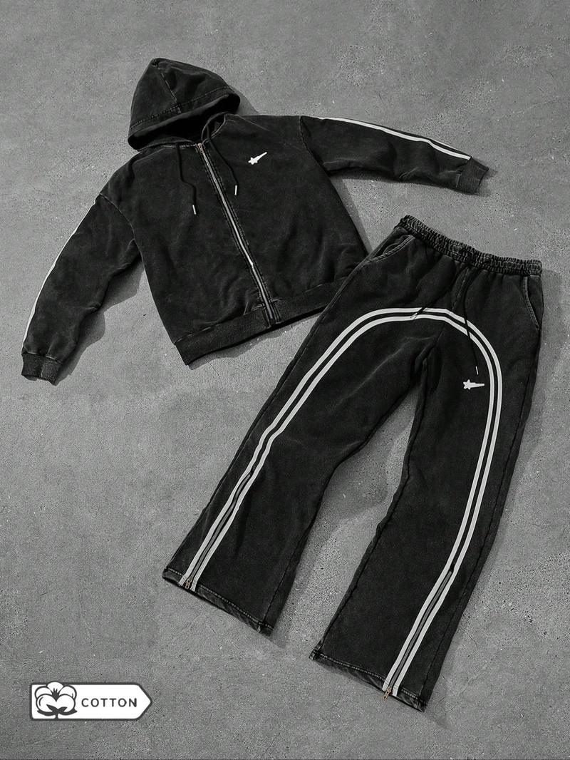 Product Introduction of Two-piece Set Men's Zip Up Hoodie & Sweatpants, Regular Fit Casual Long Sleeve Hooded Sweatshirt & Jogger Pants for Spring & Fall, Fashion Men's Two-piece for Daily Wear, Going Out Outfits, Cotton 1