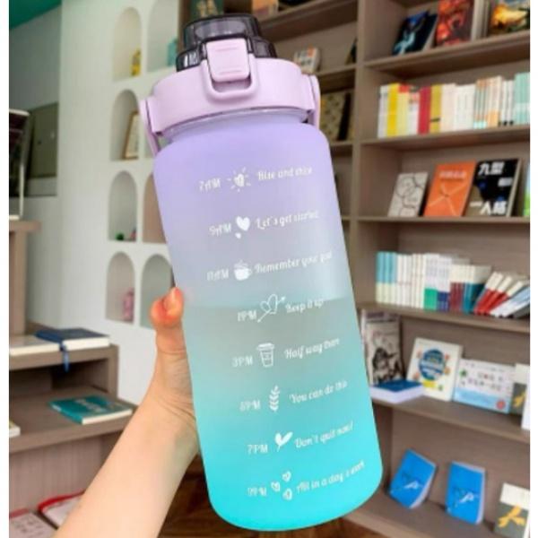 Bình nước 2 lít tặng Sticker dành cho người lười uống nước Fan House bình nước cute 2L có ống hút, vạch chia nhắc giờ 5