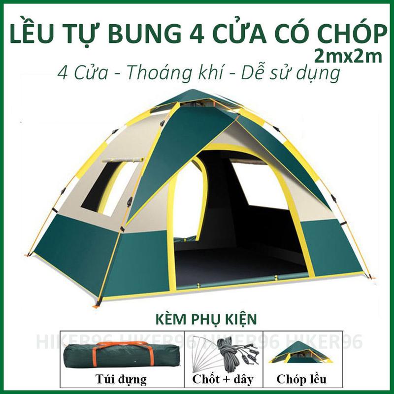   TẶNG THẢM+GỐI  Lều Cắm Trại 4 Cửa 1M5X2M & 2mx2M Chống Nước Thun Xanh 150x200x135cm 2.6kg Kèm Túi Đựng Chốt Dây Chống Côn Trùng Thoáng Khí Tự Bung Có Chốp 