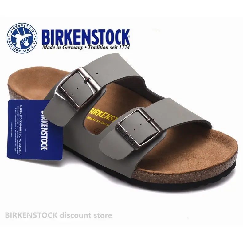 Birkenstocks Arizona Men's/Female Classic Cork Frosted Leather Grey Slippers Beach Casual Shoes 34-46