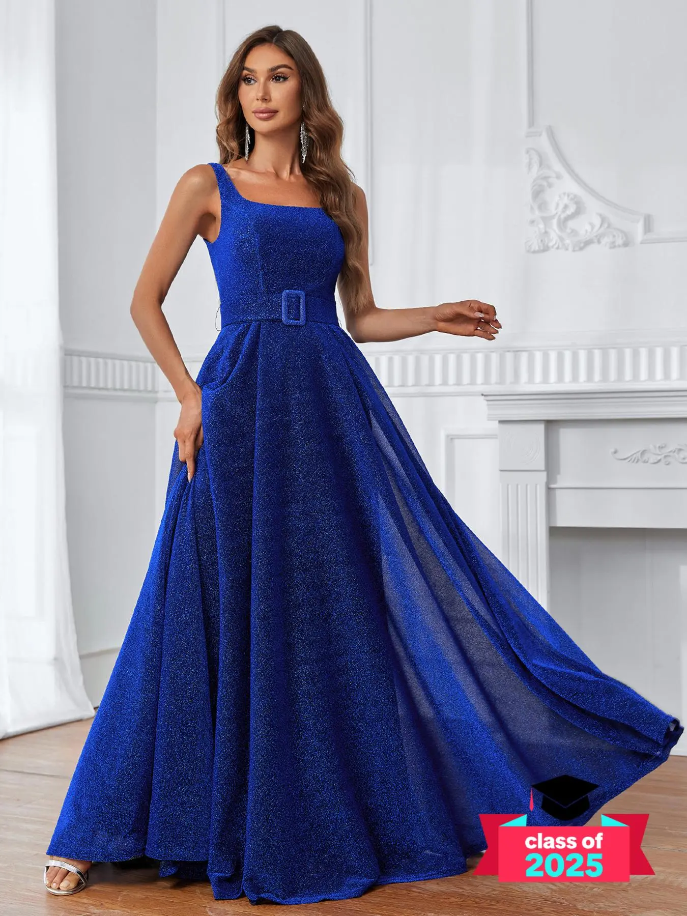 Women's Solid Belted Square Neck Sleeveless A Line Dress, Dresses Summer, Summer Clothes Women Elegant Glitter Maxi Tank Dress for Party Wedding Guest, Ladies Summer Clothes