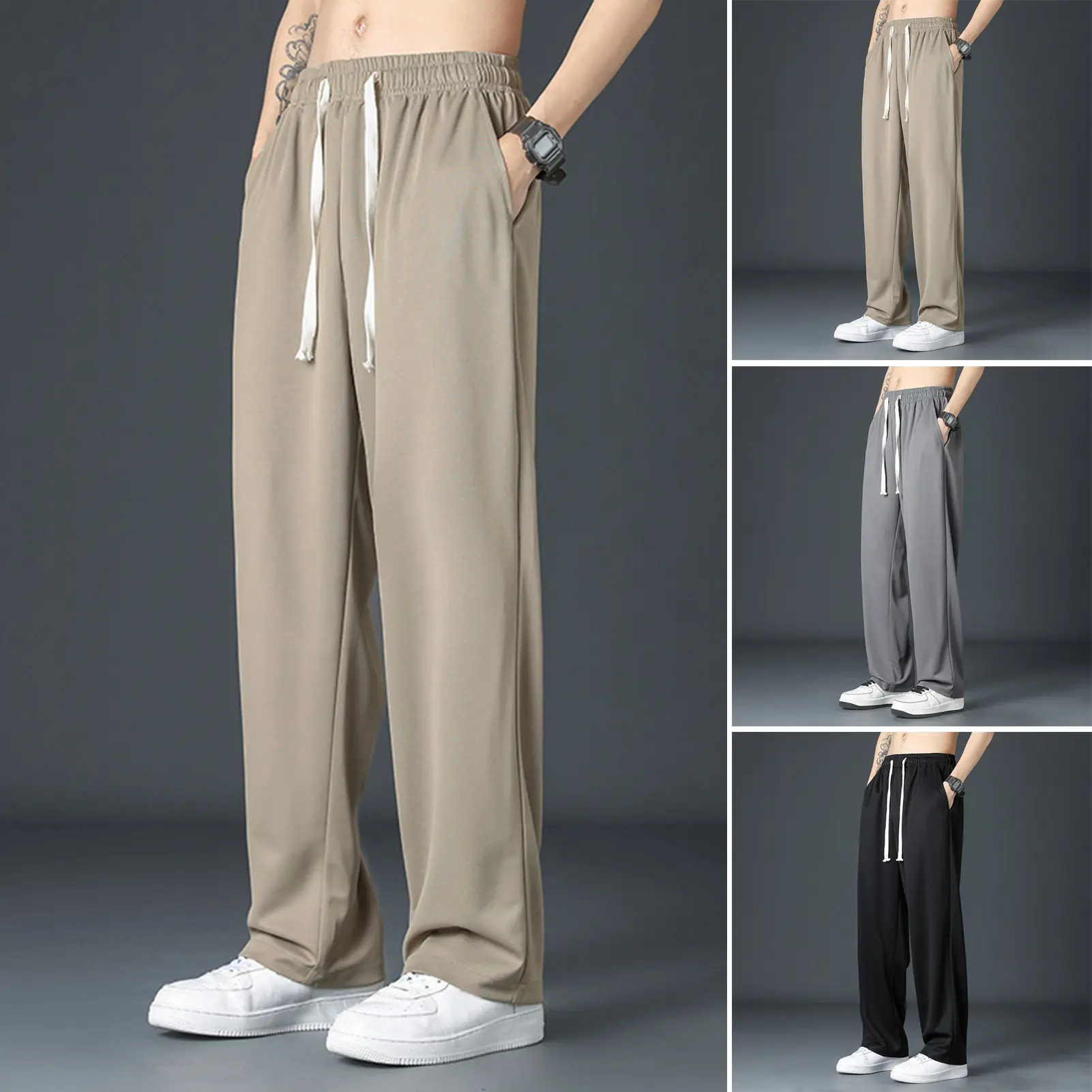 [SRE]Men Sport Pants Loose Straight Wide Leg Drawstring Elastic Waist Soft Breathable Solid Color Gym Traning Jogging Sweatpants Full Length Trousers