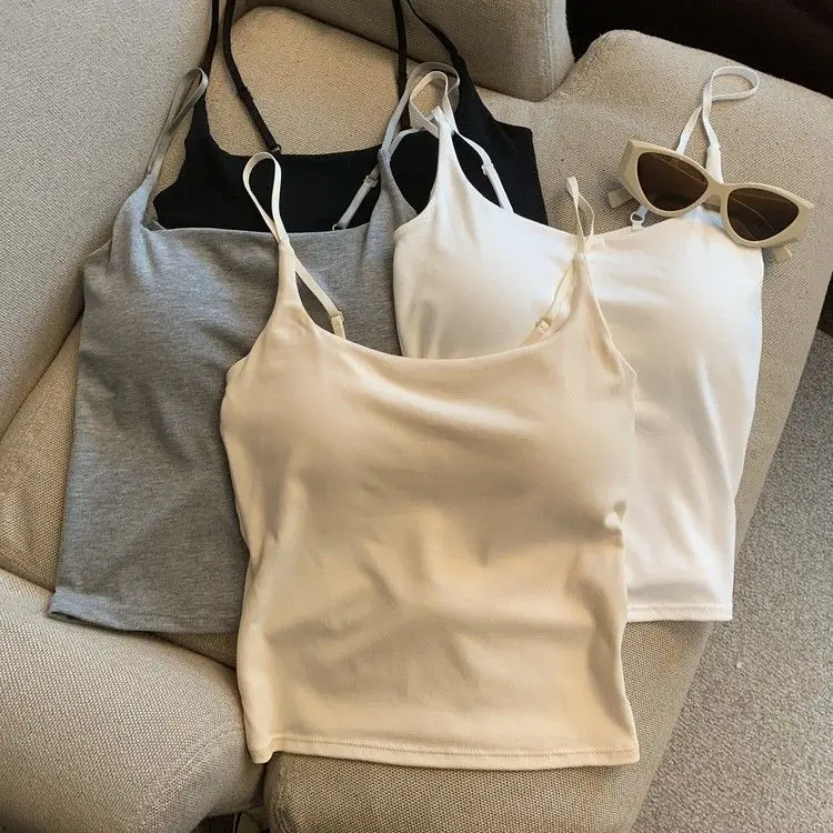Pure Hot Girl Beauty Back Small Sling Vest Women with Chest Pad White Outerwear Inner Wear Slim Design Bottoming Top