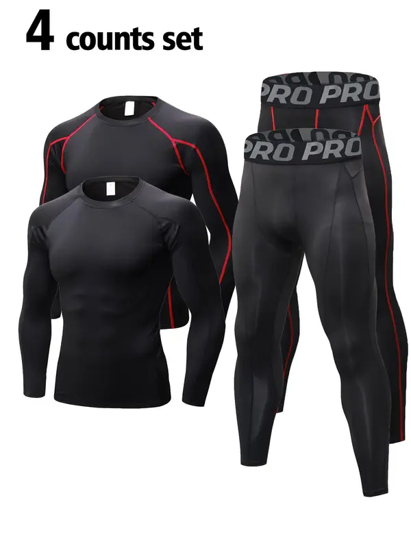 Men's Compression Tracksuit Set, Top Stitching Top & Letter Tape Leggings, Sportswear Set for Running Indoor Outdoor Wear, Men's Sport & Outdoor Clothing, Men's Paris Tracksuit 3
