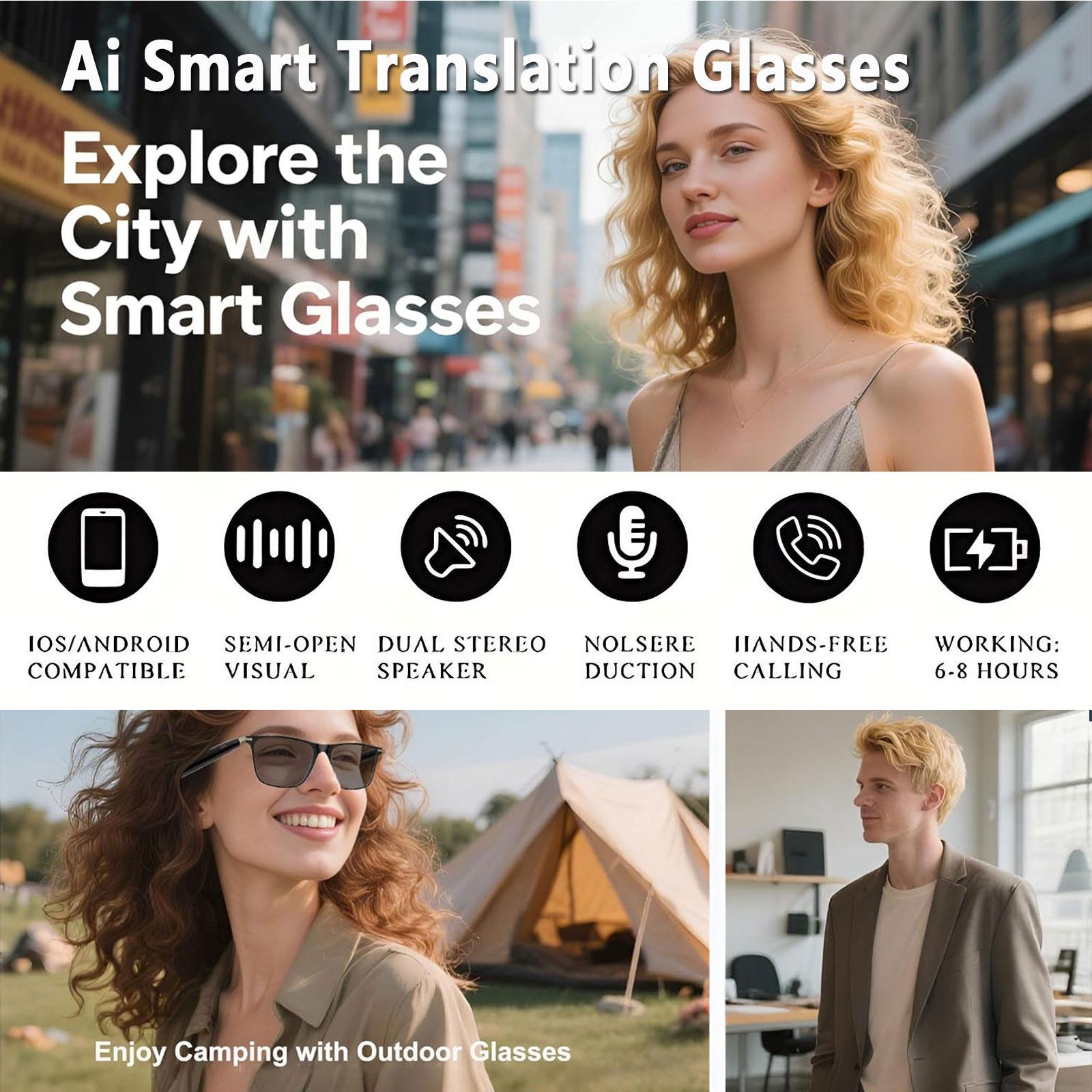 AI smart translation glasses, supporting real-time app translation in 164 languages, photochromic lenses, and flat gray lenses. - Image 3