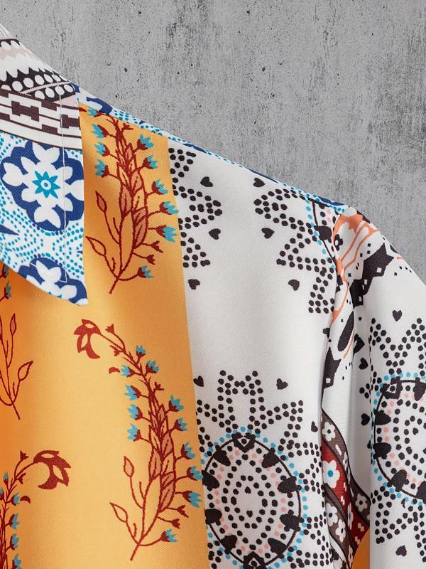 Men's Patchwork Print Button Shirt & Drawstring Waist Shorts Co-ord Set, Boho Casual Comfort Regular Fit Ethnic Pattern Short Sleeve Collared Top & Track Shorts, Summer Clothes 3