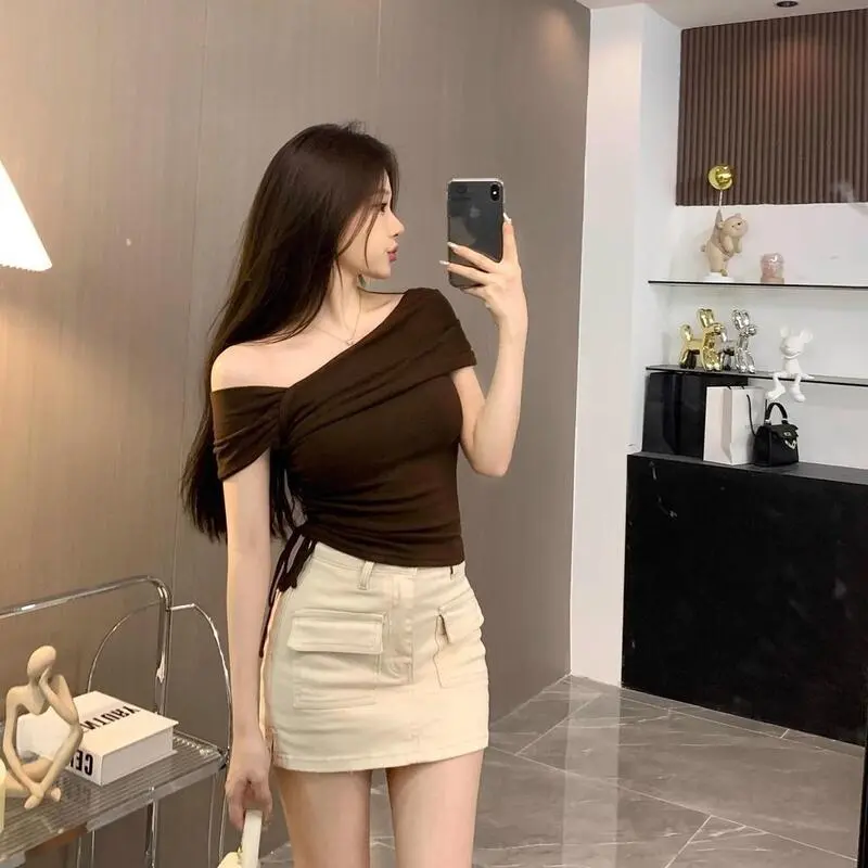 Áo Thun Dây Rút Bất Đối Xứng, Phong Cách Thường Ngày Dành Cho Nữ, Thiết Kế Trơn Top Women Sơ Mi Shirt Cổ Tròn baby  tee 2