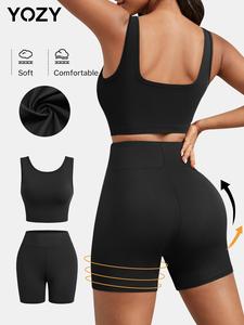 YOZY-GOOO Women's Plain Backless Crop Tank Top & High Waist Shorts Set, Basic Sleeveless Round Neck Top & Skinny Shorts, Daily Clothing Set for Women