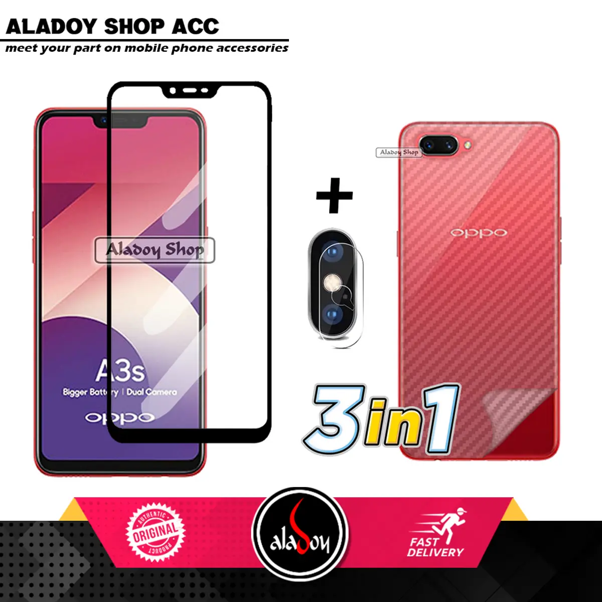 Tempered Glass Layar Oppo A3S Paket 3IN1 Pelindung Layar + Camera dan Skin Carbon