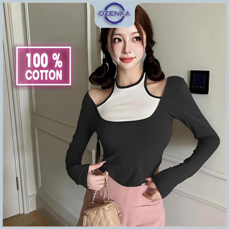 Áo croptop kiểu vạt bầu tay dài ôm nữ sang chảnh ozenka ,áo crt cổ yếm hở vai cải màu thun cotton đen cải trắng Women Jean Shirt Sơ Mi Voi