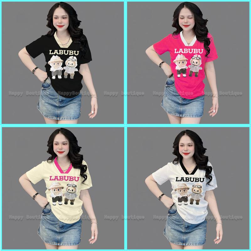 Áo Thun BORIP Dáng Vừa Ôm Nữ [Mã B90], Form 40~62kg Labubu Đôi Cổ Tim Cotton Mềm Mịn Co Dãn [COUPLE] Top Women baby  tee Cổ Tròn Màu Trắng