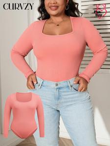 CURVZY Plus Size Solid Square Neck Autumn Aesthetic Long Sleeve Ribbed Bodysuit, Casual One Piece Bodysuit for Women, Women's Plus Clothing for Fall