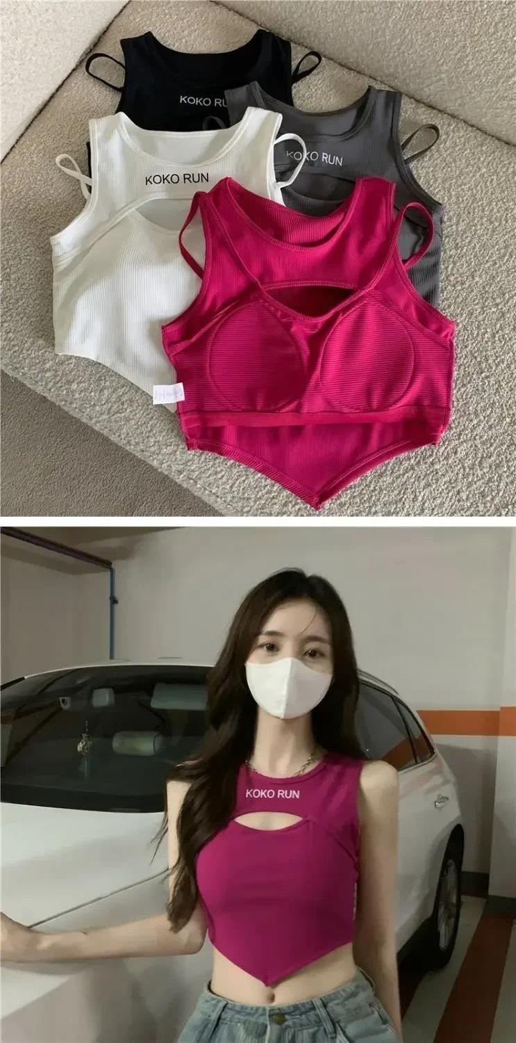 Product Introduction of 1pc Casual Crop Tops for Women Knitting Irregular Tops Hollow Out Camisole Women Fake Two Pieces Tank Tops with Bra Pad Womenswear Tube Lingerie Lady 7