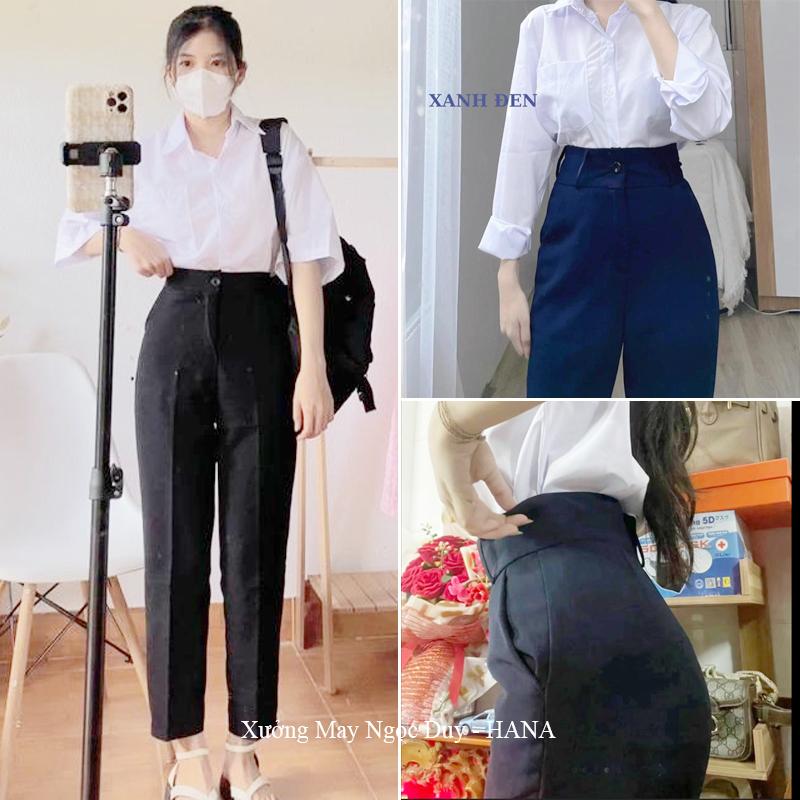 Quần baggy đi học 1 nút lưng cao nữ cấp 2 3 dáng quần tây nữ 2 nút học sinh đi học m50 m55 m60 m65 vải mềm cạp đáy cao