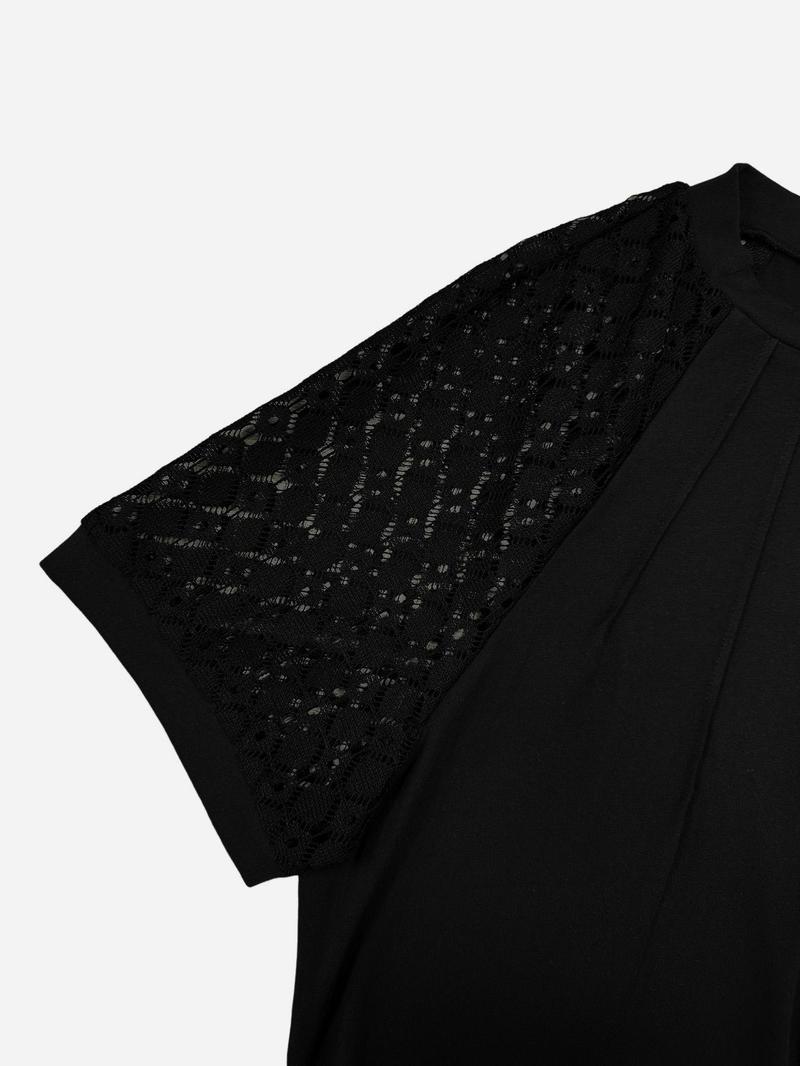 Product Introduction of Plus Size Contrast Lace Plicated Detail Semi-sheer Raglan Sleeve Tee, Summer Clothes, Going Out Top, Streetwear, Casual Short Sleeve Round Neck T-shirt for Summer, Women's Plus Clothing for Daily Wear 10