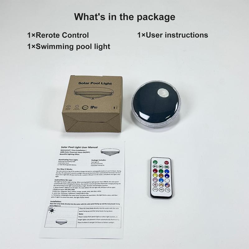 Product Introduction of Solar-Powered Pool Light with 3 Brightness Levels, 9 Colors, 500mAh Built-in Battery, Waterproof & Easy to Install, Auto On/Off at Night, Daytime Charging, Timer Function, Suitable for Parks, Courtyards, Bathtubs and Villas 7