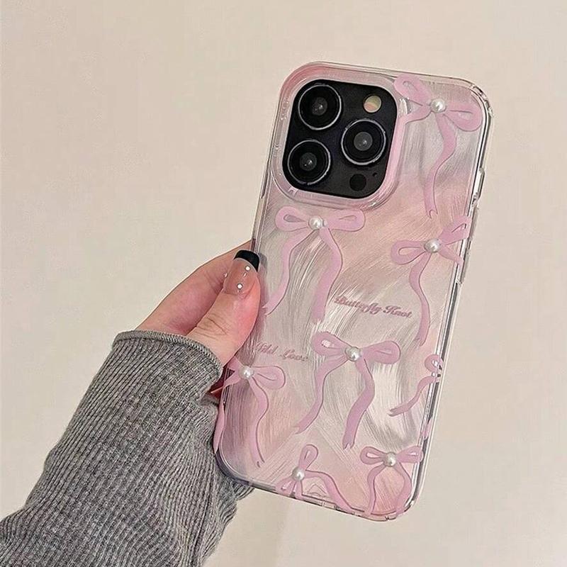 Bowknot Pattern Phone Case, Faux Pearl Decorative Anti-fall Phone Protector Cover Compatible With iPhone 11 12 13 14 15 Pro Max Series, Gift, Smartphone, Protective 1
