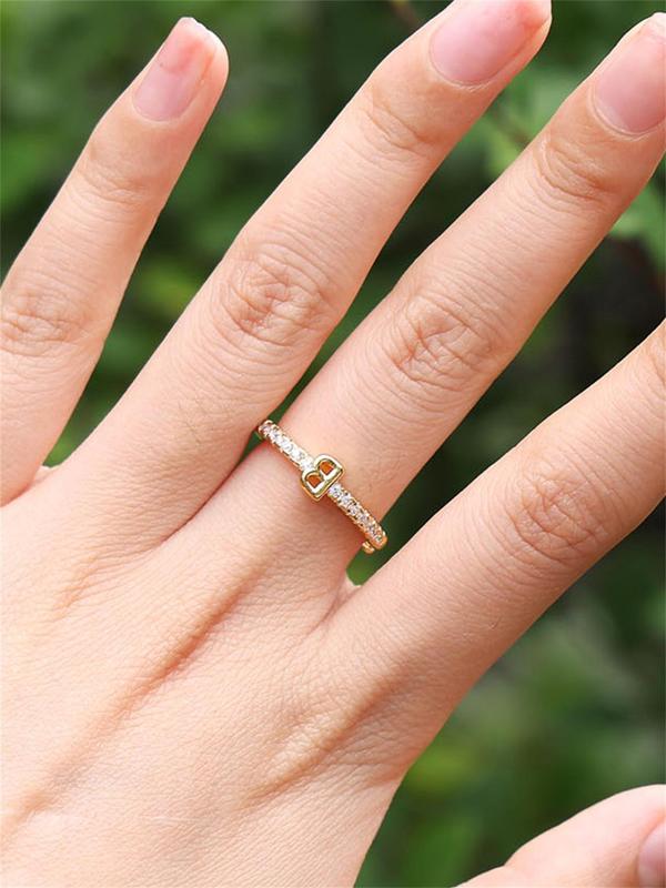 Rhinestone Decorated Elegant Simple Alphabet Ring, Jewelry Accessories Idea For Birthday, Copper Trendy Jewelry For Daily Use 8