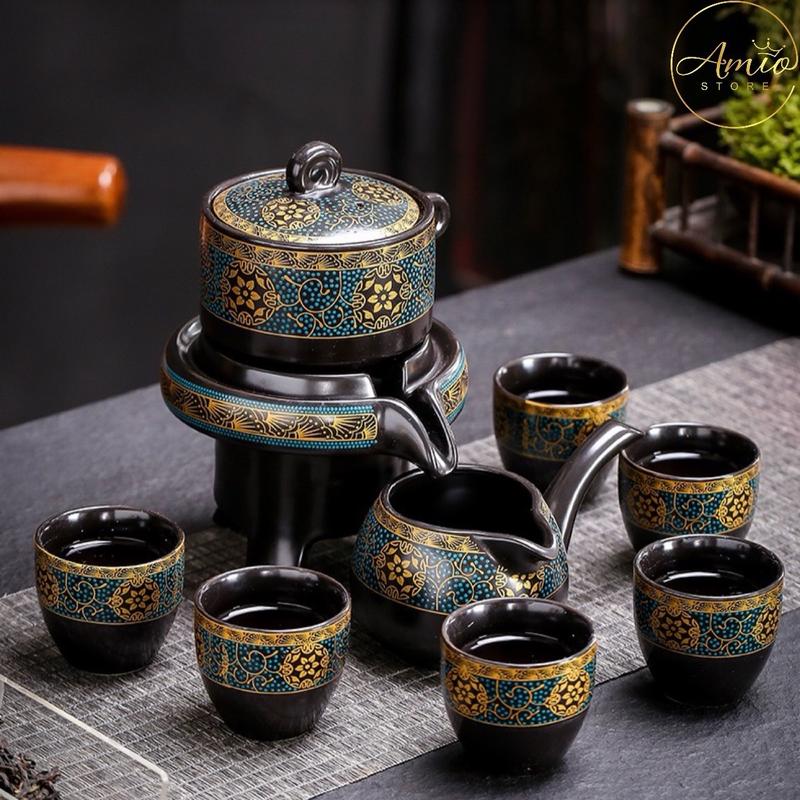 Bộ Ấm Chén Pha Trà Cối Xay Xanh Đen Vàng Cao Cấp, Bộ Ấm Chén Uống Trà Phòng Khách Sang Trọng