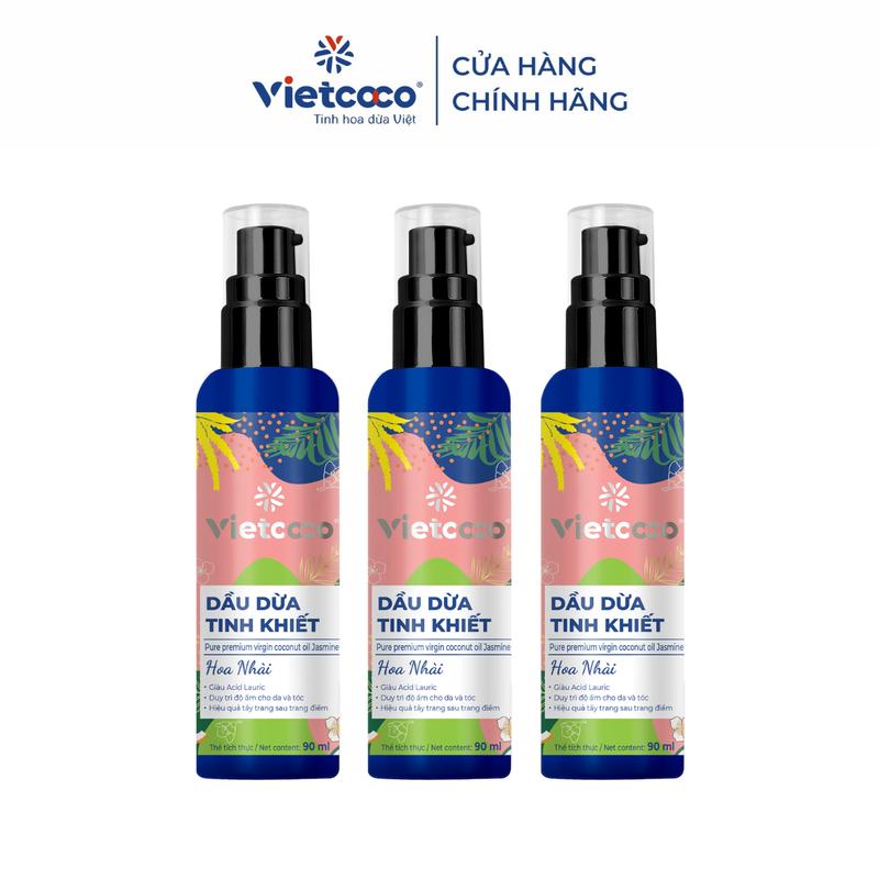 [Võ Hà Linh x Vietcoco] [COMBO 3 CHAI] Dầu dừa tinh khiết mỹ phẩm Vietcoco 90ml hoa nhài x 3, tặng 1 dầu dừa tinh khiết mỹ phẩm 50ml
