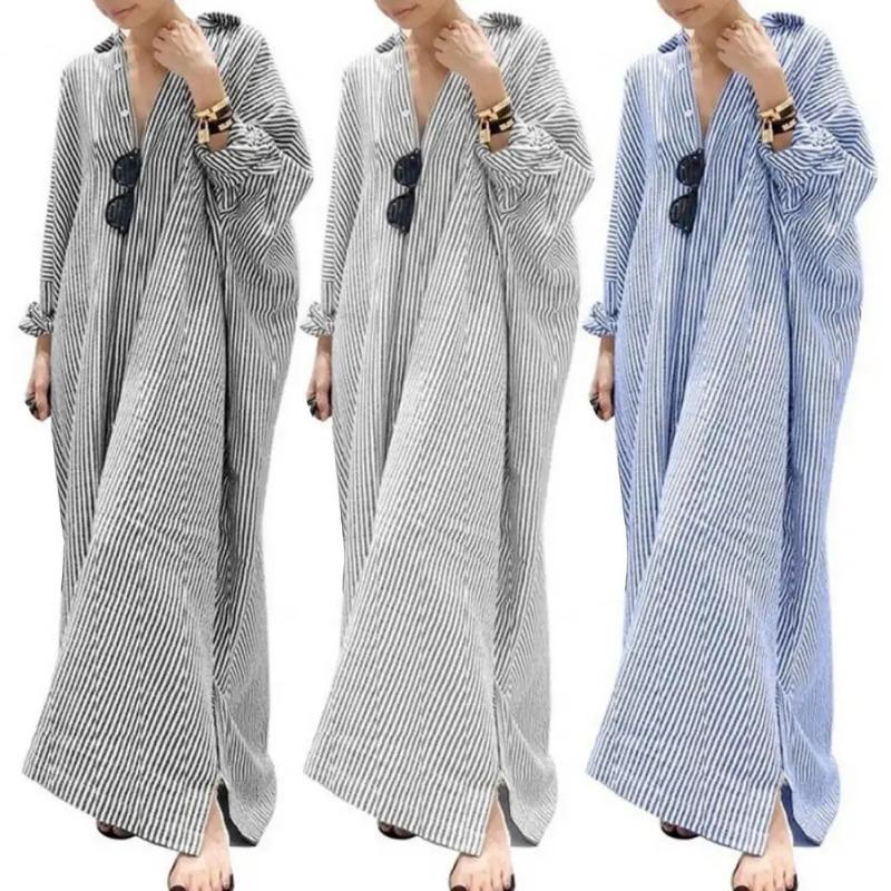Product Introduction of New Elegant Striped Cardigan Loose Dress Womens Lapel Long Sleeve Long Shirt Dress Ladies Stripe Print Button Up Cardigan Dress 15
