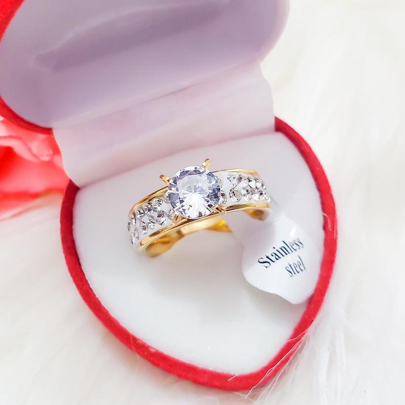 Cincin Titanium Anti Alergi Mata Satu 2 baris Plus Kotak Cincin Bentuk Love 3