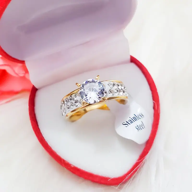Cincin Titanium Anti Alergi Mata Satu 2 baris Plus Kotak Cincin Bentuk Love 2