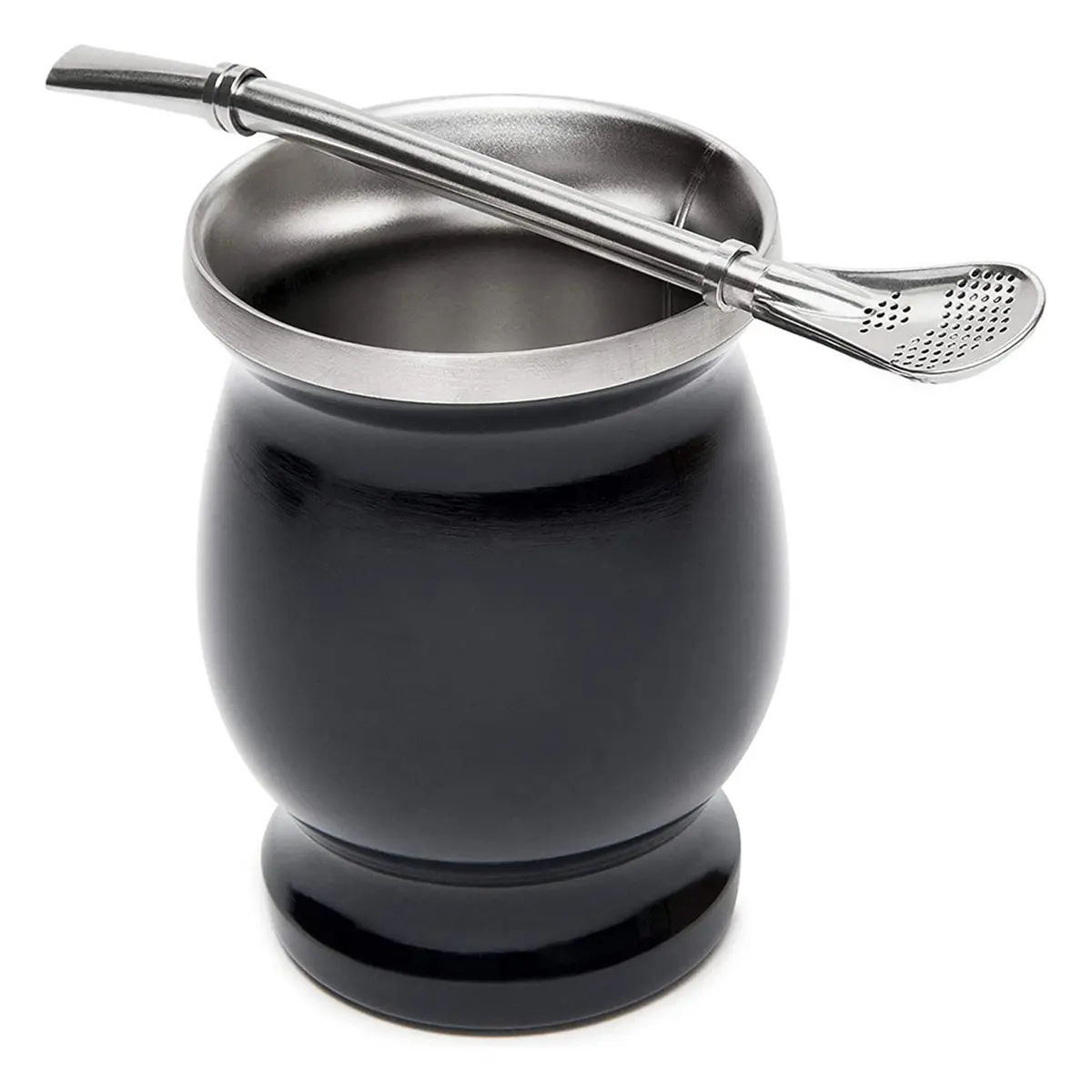 Yerba Mate Gourd Set Double-Wall Stainless Steel Mate Tea Cup and Bombilla 8 Ounces Bombillas Yerba Mate Straw - Black