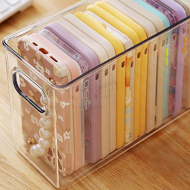 Product Introduction of Ins Transparent Phone Case Organizer Storage Box Desktop Acrylic Sundries Storage Basket Cosmetics Small Rack Light Plastic 17