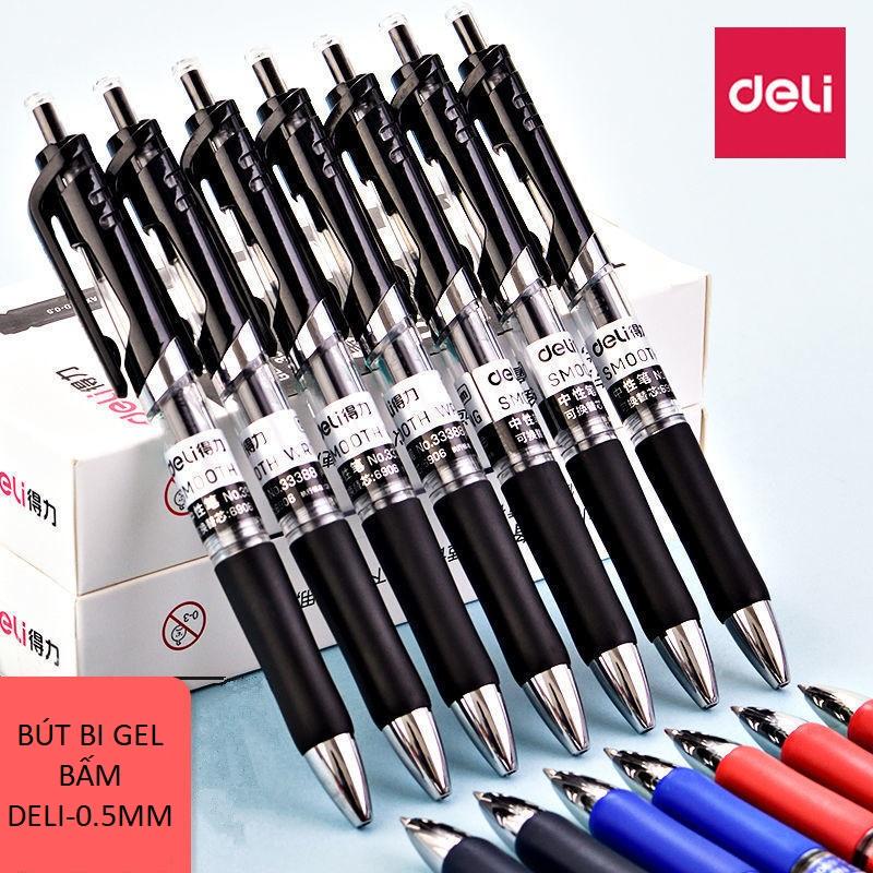 Bút bi gel bấm văn phòng Deli mực đen ngòi 0.5mm học sinh mực đều nét chữ đẹp