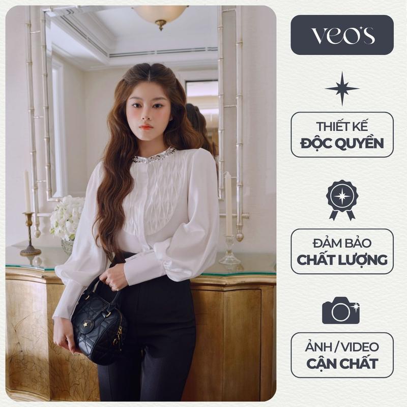 [VEO'S] BRIE SHIRT - Áo Sơ Mi Tơ Tằm Veo's Kiểu Nữ Cổ Tàu Đính Đá Smock Tay Bồng Tiểu Thư, Thanh Lịch Công Sở Trendy