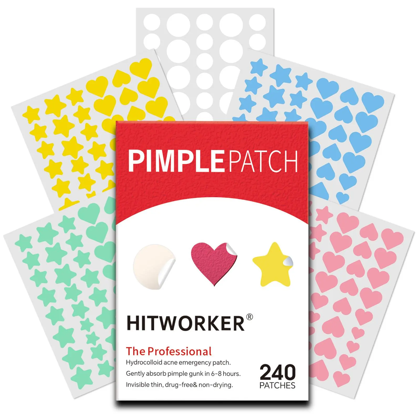 Hydrocolloid Acne Patches, 240pcs/box Invisible Blemish & Pimple Cover, Fragrance-free for All Skin Types Acnes Patches, Acne Gel