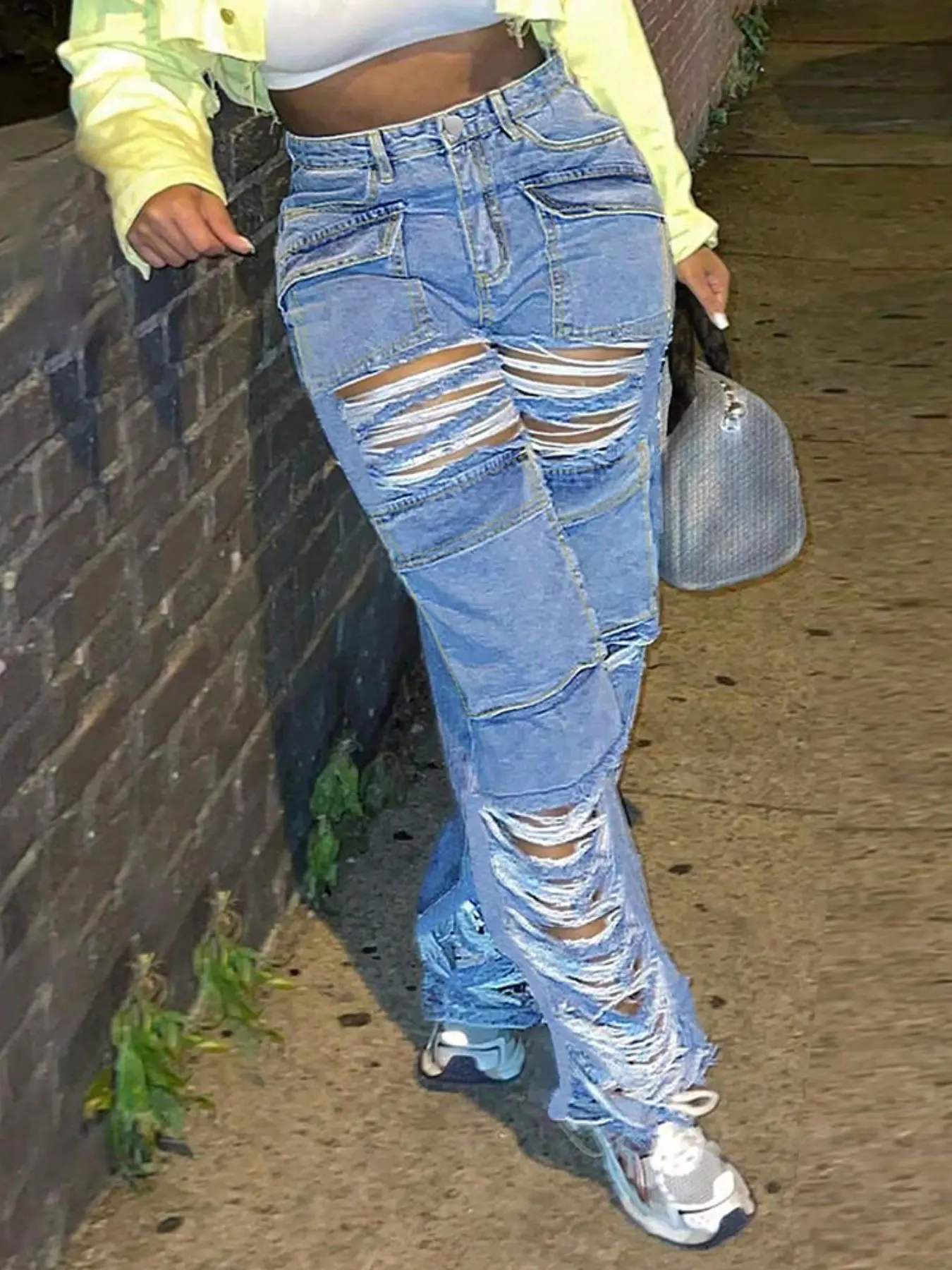 Women's Plain Ripped Straight Leg Jeans, Fashion Casual Pocket Design High Waist Barrel Leg Jeans for Daily Outdoor Wear, Ladies Bottoms for All Seasons