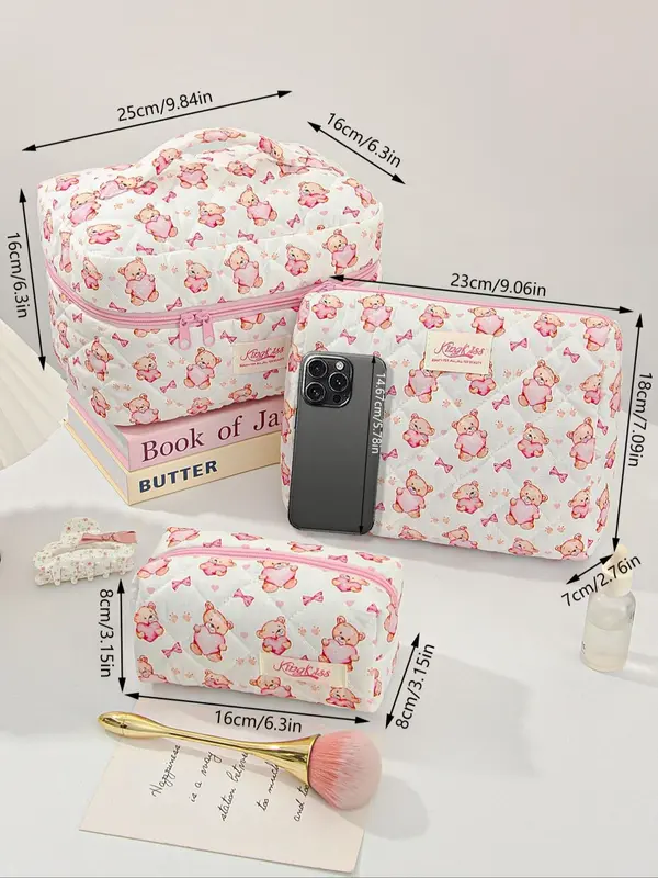 Cute Bear Pattern Makeup Bag Set, Large Travel Makeup Bag, Cosmetic Bag, Toiletry Bag for Women & Girls 1