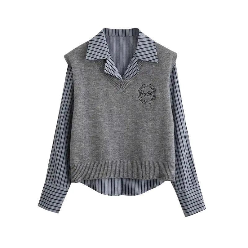Sét Áo Gile Len Màu Xám Thêu Logo Kèm Áo Sơ Mi Kẻ Sọc Xanh Kiểu Tách Rời Freesize Dành Cho Nữ Dưới 55kg Huyền Thanh Shop Kem Women Top