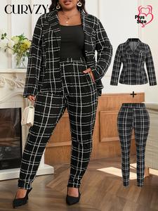 CURVZY Plus Size Autumn Aesthetic Two-Piece Set All Over Geometric Print Button Front Blazer & Pants Set, Casual Lapel Long Sleeve Outerwear & High Waist Trousers