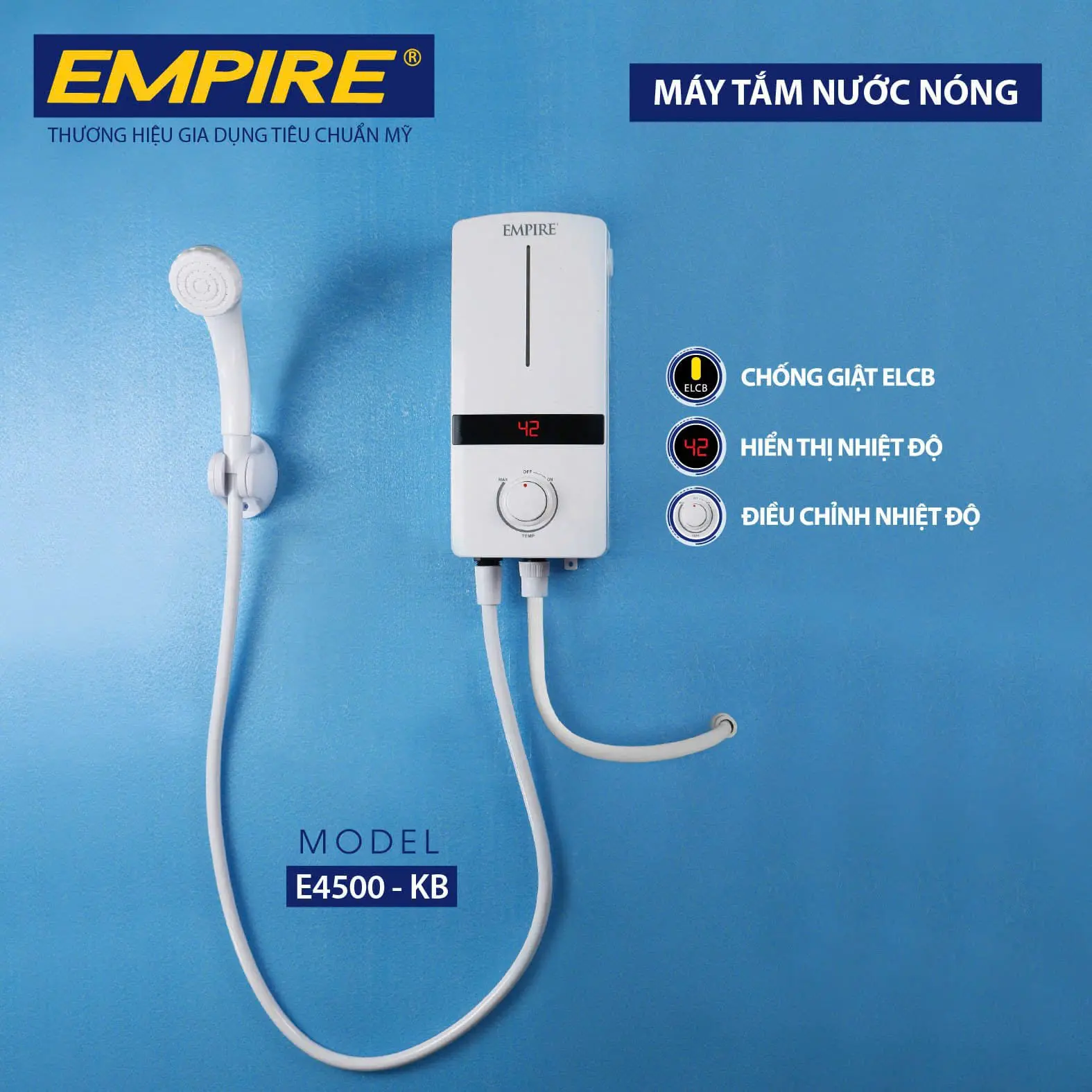 Máy nước nóng trực tiếp không bơm EMPIRE model E4500-KB, công suất 4500w