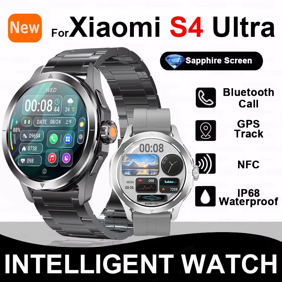 Đồng hồ thông minh dành cho thể thao ngoài trời, mẫu Xiaomi S4 Ultra, dành cho nam giới, màn hình AMOLED, tích hợp NFC, GPS, la bàn, theo dõi huyết áp, chống nước, Bluetooth, chức năng gọi điện.