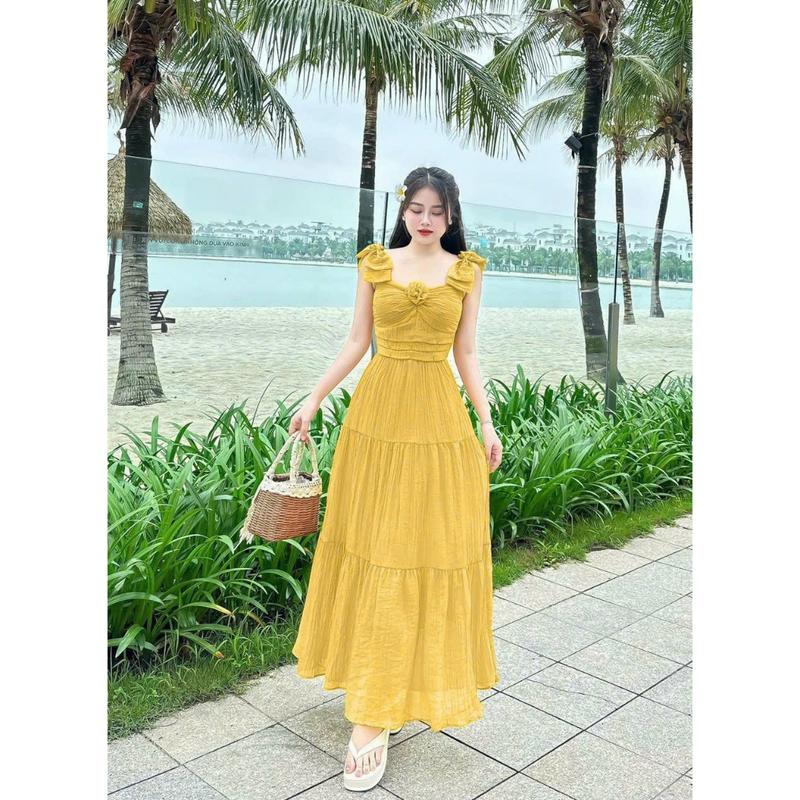 Đầm nữ thời trang thiết kế chất tằm gẫy có lót đầm dài xòe áo dây nơ đính hoa xinh , dịu dàng nữ tính 1
