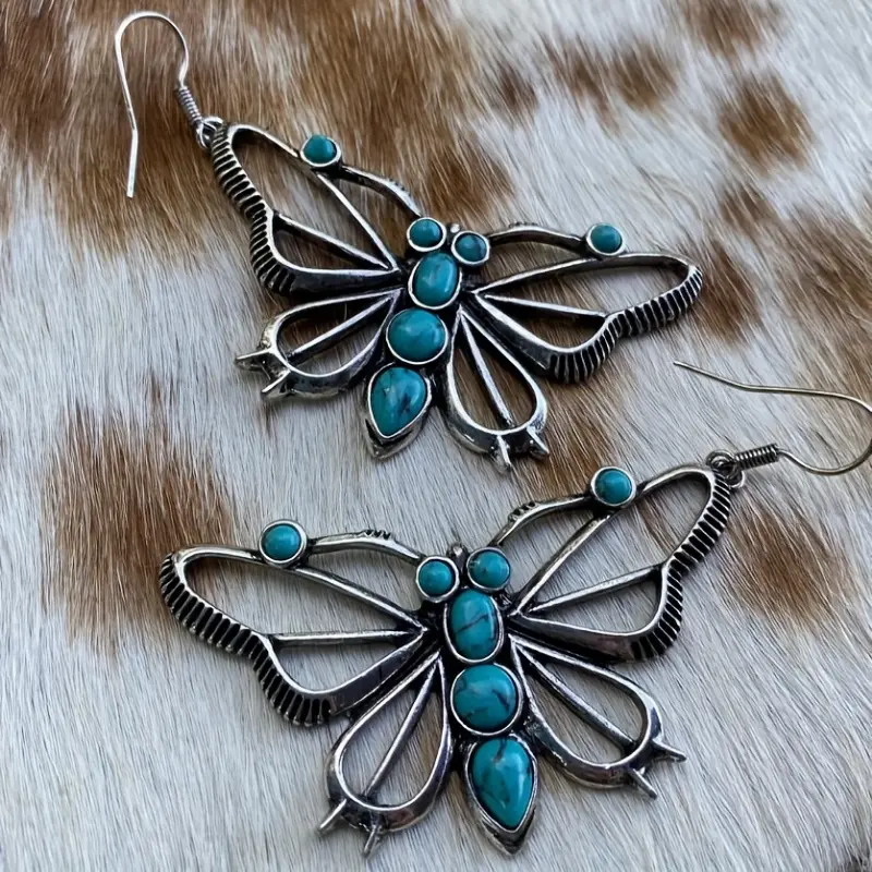 Exquisite Butterfly Design With Hollowed-out Details, Inlaid With Turquoise Pendant Earrings, Vintage Western-style Jewelry Plated With Golden Silvery, A Delicate Gift For Women 5